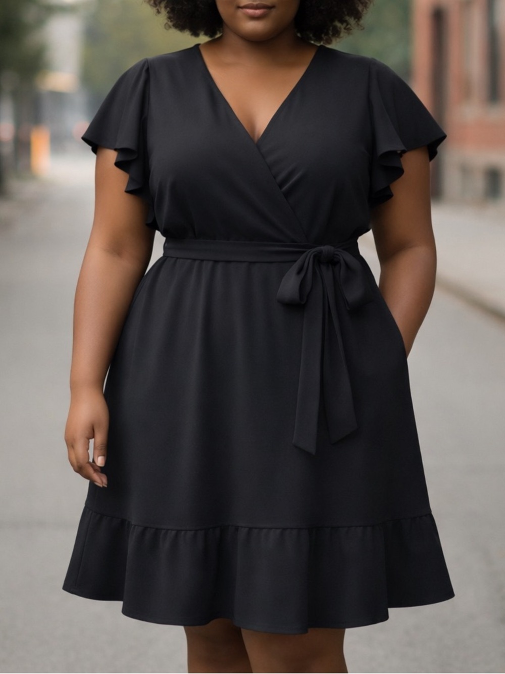 Black Faux Wrap Party Dress 3X Flutter Sleeve Ruffle Wedding Guest Flowy NWOT